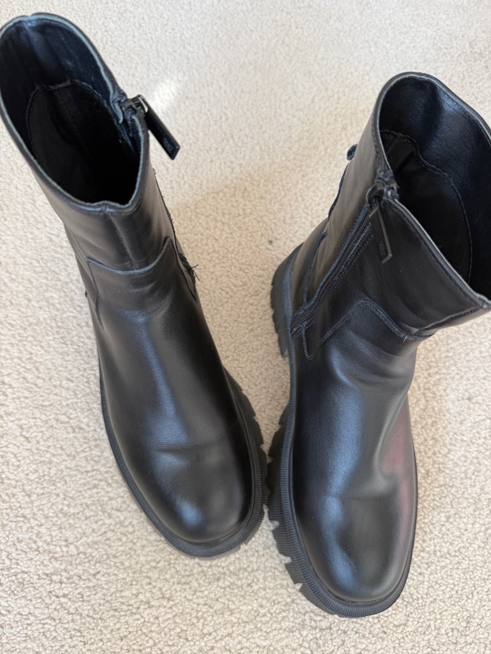 Zara Black Leather Chunky Combat Zip Boots